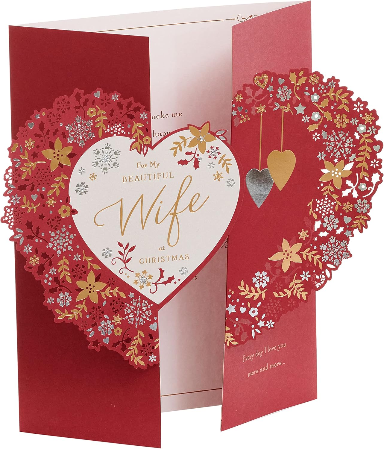 Elegant floral and love hearts Christmas greeting card for wife from UK Greetings, featuring festive floral and romantic design.