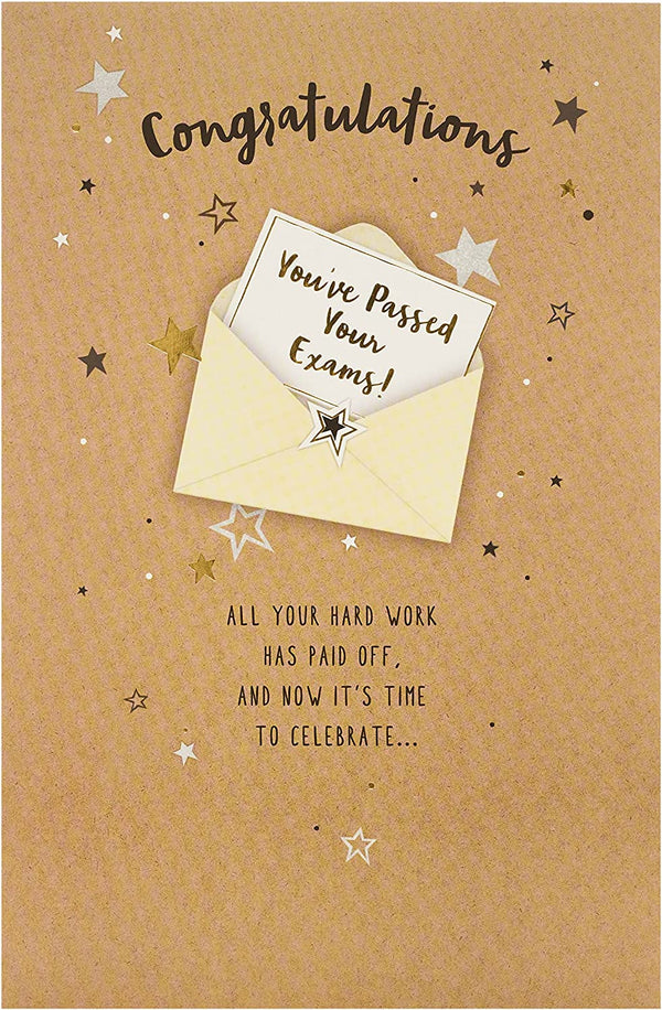 Gold foil congratulation greeting card from UK Greetings with "Exam Success" message for celebrating academic achievement.