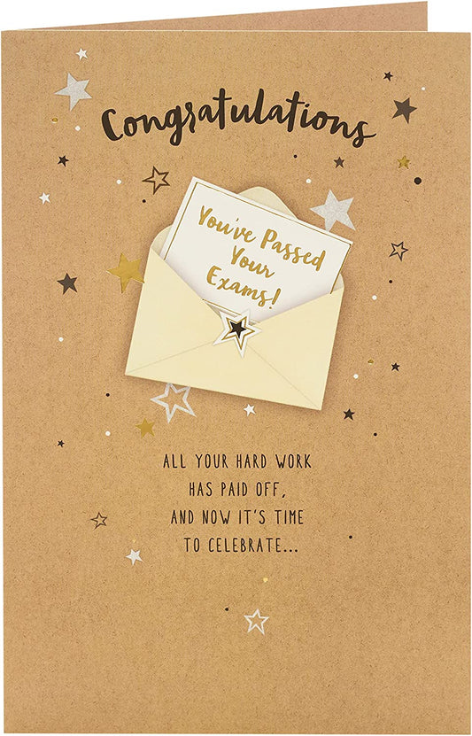 Gold foil greeting card from UK Greetings with "Congratulations" message, designed for celebrating exam success.
