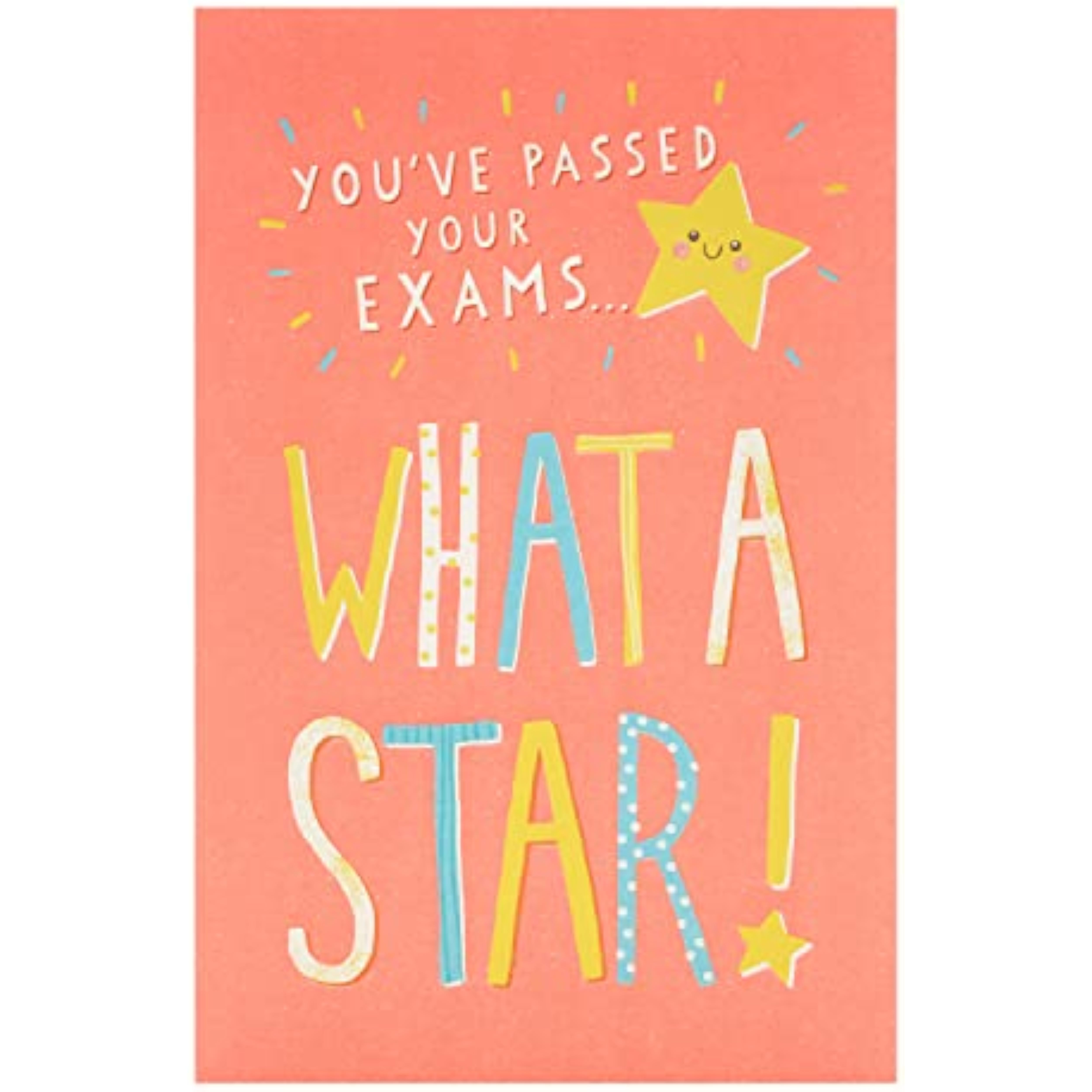 UK Greetings exams pass congratulations card with colorful design and celebratory message, perfect for congratulating students.