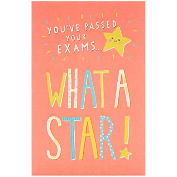 UK Greetings exams pass congratulations card with colorful design and celebratory message, perfect for congratulating students.