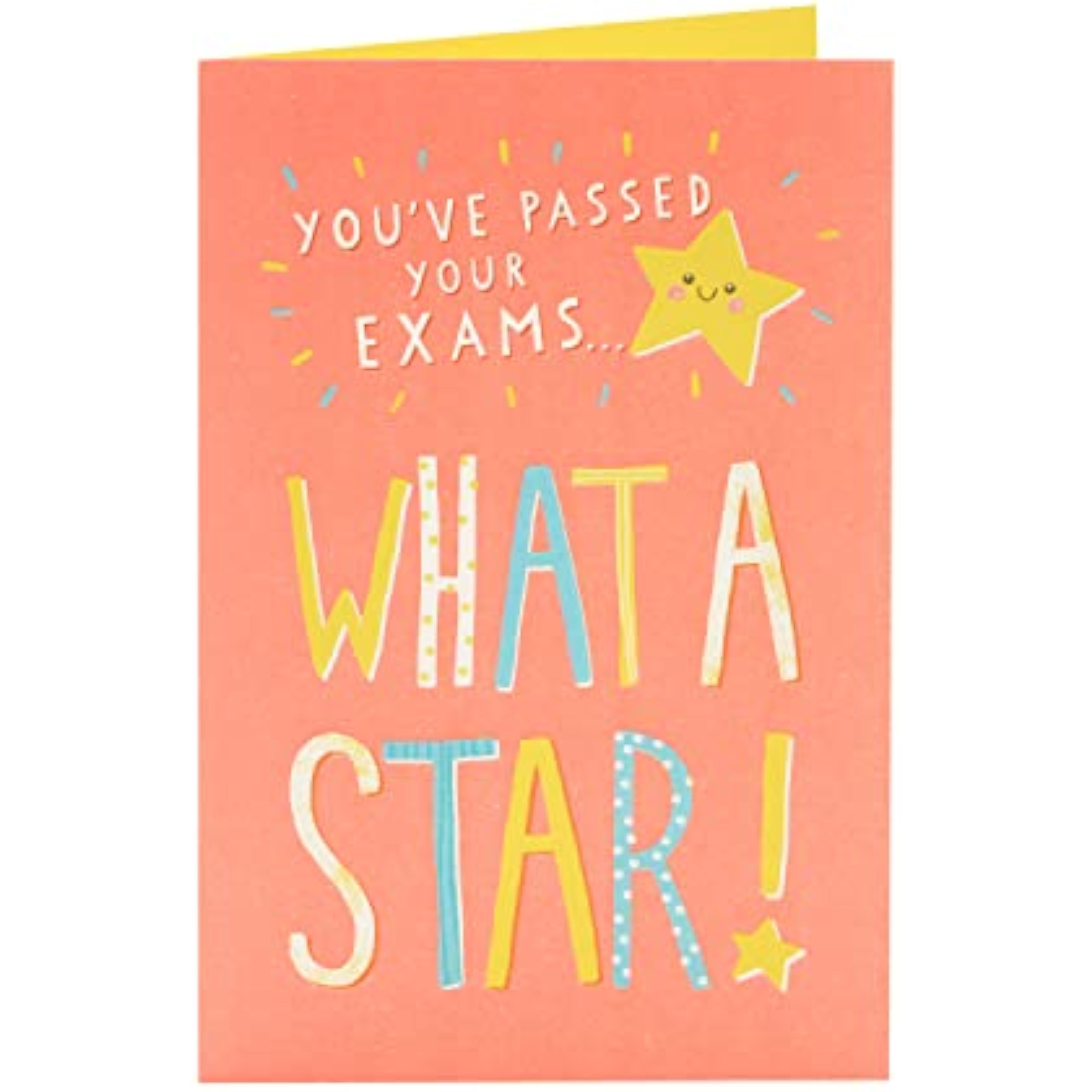 Colorful UK Greetings exams pass congratulations greeting card with celebratory design and cheerful message.