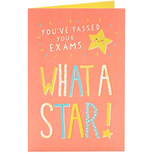 Colorful UK Greetings exams pass congratulations greeting card with celebratory design and cheerful message.