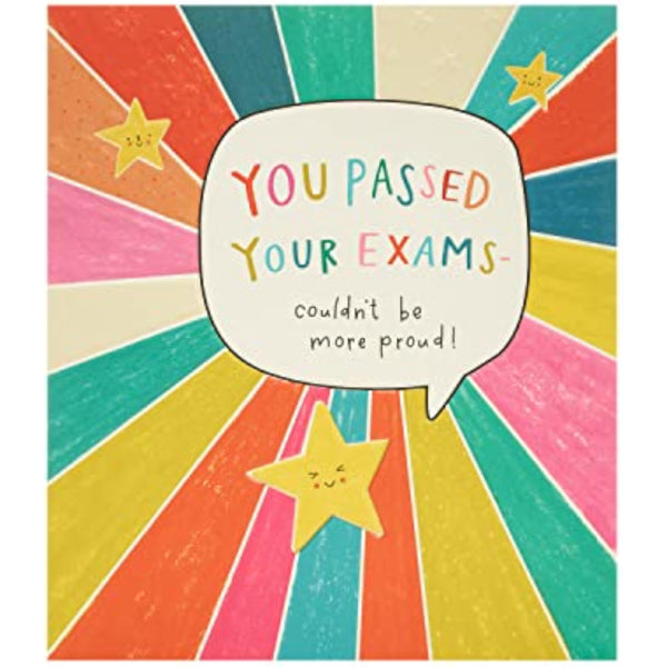 Colorful congratulations card for exams pass by UK Greetings, featuring celebratory design and uplifting message.