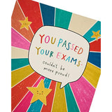 UK Greetings Exams Pass Congratulations Card in multi design with cheerful message and colorful illustrations for celebrating success