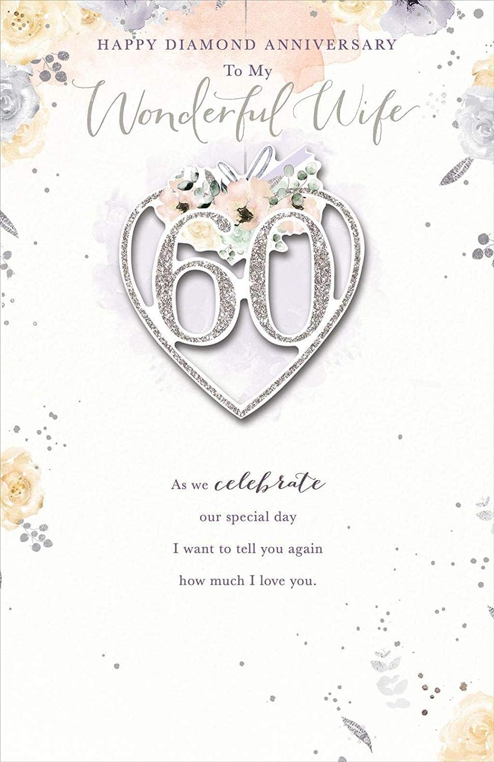 Elegant 60th diamond wedding anniversary greeting card for wife by UK Greetings, featuring intricate design and heartfelt message.