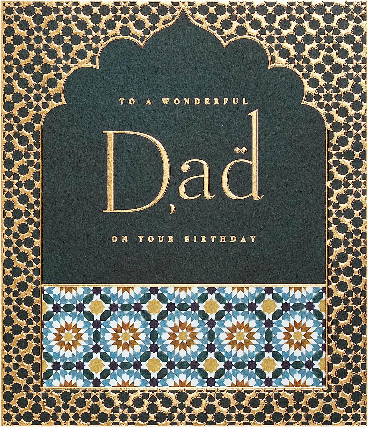 Elegant Eastern Gold Dad birthday greeting card with gold accents, featuring traditional design elements and heartfelt message from UK Greetings.