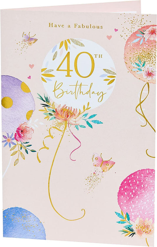 Fabulous 40th birthday greeting card by UK Greetings featuring colorful balloon design and celebratory message.