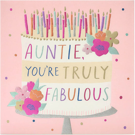 Fabulous Auntie birthday greeting card by UK Greetings featuring colorful floral design and cheerful message inside.