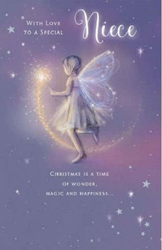 Fairy wand and stars design Christmas greeting card for niece, featuring whimsical fairy and star illustrations on UK Greetings card