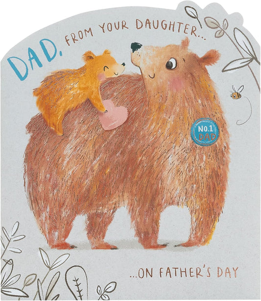 Cute bear design Father’s Day greeting card from daughter with envelope by UK Greetings, featuring colorful, heartfelt artwork.