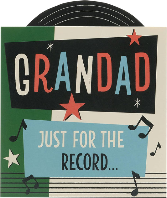 Father's Day greeting card for Grandad with record design and envelope, UK Greetings, featuring a music-themed illustration.