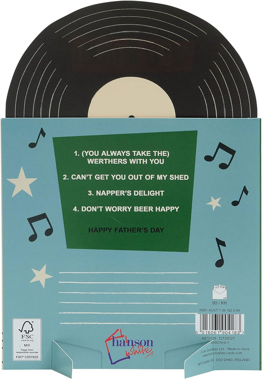 Father's Day greeting card for Grandad with record design and envelope, from UK Greetings, featuring a music-themed illustration.