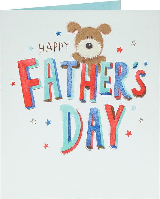 Father's Day greeting card with dog design and envelope, featuring lots of adorable "Woof" graphics, UK Greetings brand.