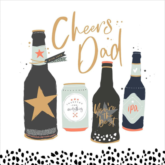 Father's Day greeting card featuring a beer bottle design from UK Greetings, celebrating Dad with a cheerful message.