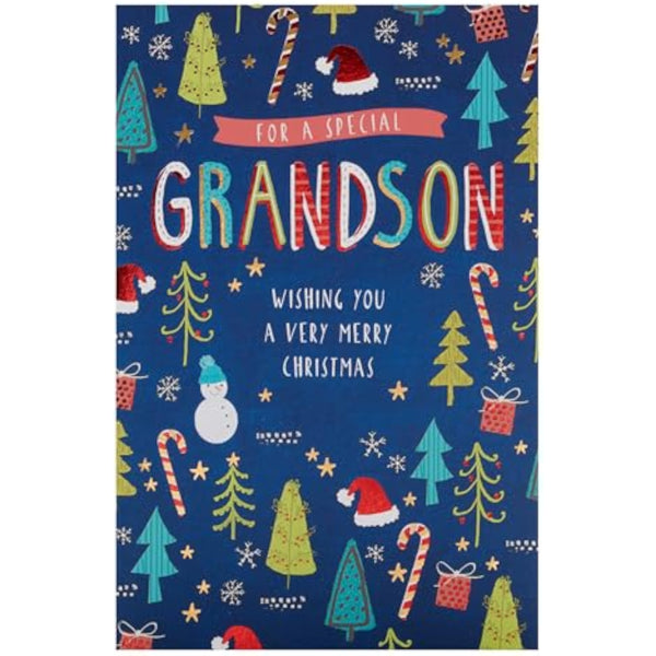 Festive foil accents grandson Christmas greeting card from UK Greetings with colorful holiday design and cheerful message.