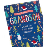 Festive foil accents Grandson Christmas greeting card by UK Greetings with colorful holiday design and cheerful message.