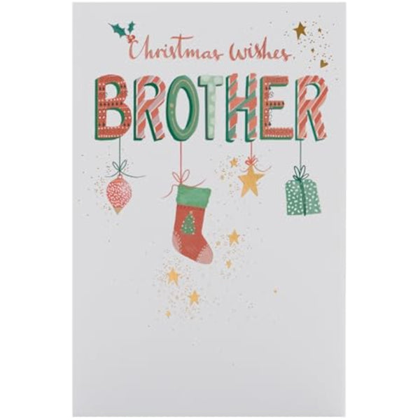 Festive hanging Christmas ornaments greeting card for brother by UK Greetings, featuring colorful holiday-themed designs.