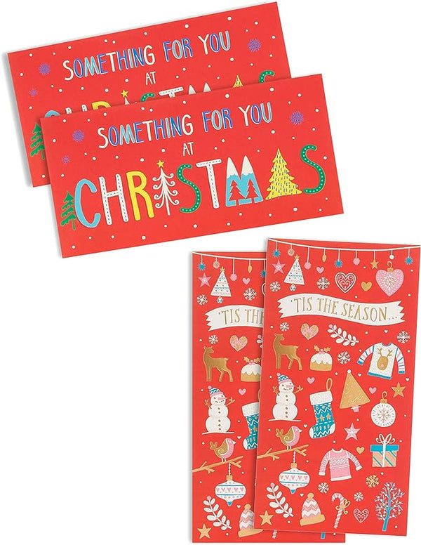 Set of four festive money wallets with bright Christmas designs, perfect for holiday greeting cards.