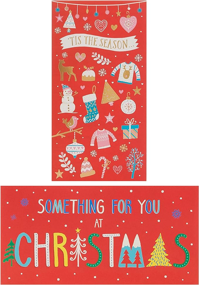 Four festive money wallets with bright Christmas designs, UK Greetings greeting card set featuring holiday-themed patterns.