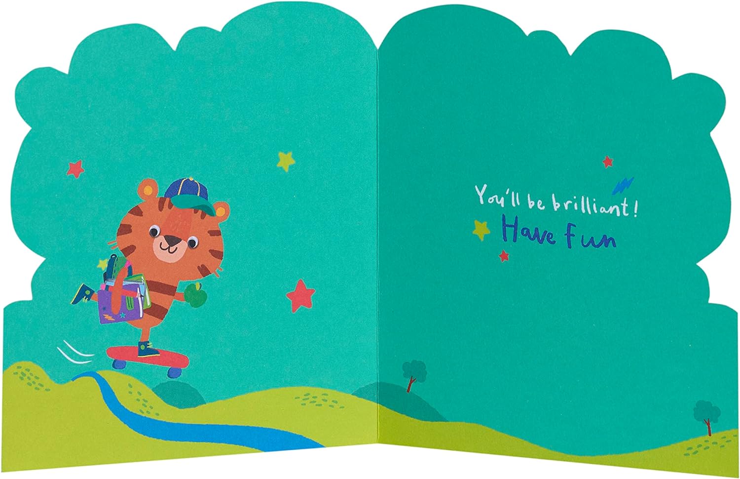 Colorful kids' greeting card featuring a playful tiger design for first day at school, by UK Greetings.