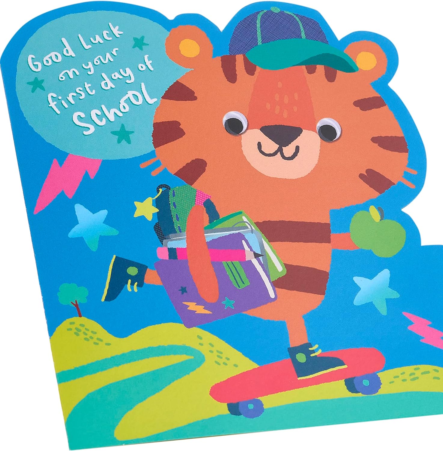 Colorful First Day at School greeting card for kids featuring a playful tiger design by UK Greetings.