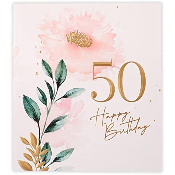 Elegant floral 50th birthday greeting card from UK Greetings, featuring colorful flowers and milestone celebration design.