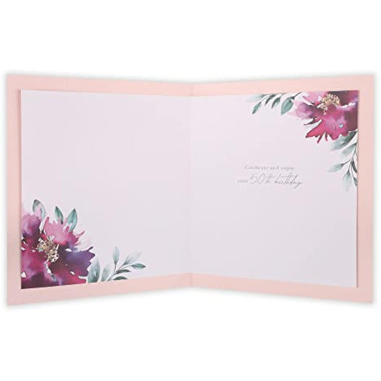 Elegant floral 50th birthday greeting card from UK Greetings featuring colorful blossom design for milestone celebration