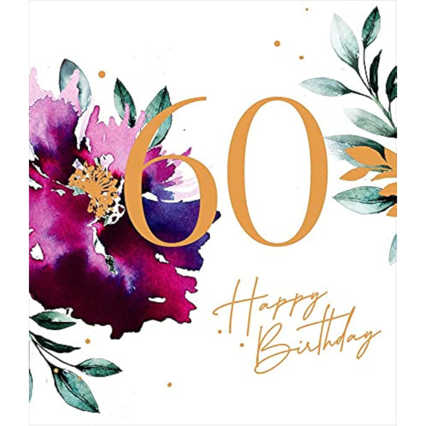 Floral 60th birthday greeting card with blooming flower design from UK Greetings, featuring colorful blossoms and elegant lettering.