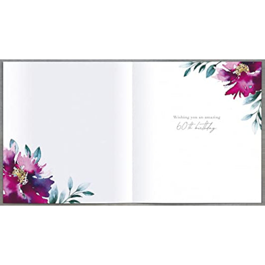 Floral 60th birthday greeting card with blooming flower design from UK Greetings, featuring colorful floral artwork.