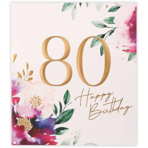 Floral 80th birthday greeting card by UK Greetings featuring colorful floral designs for milestone celebration.
