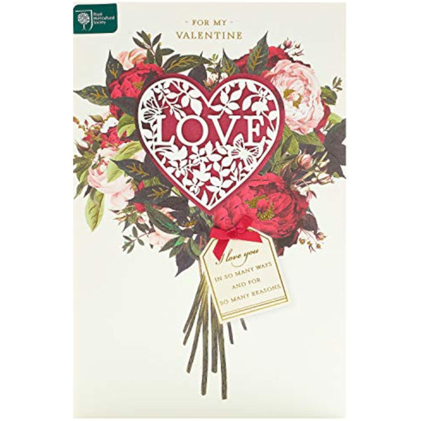 Romantic Valentine's Day greeting card with floral bouquet design by UK Greetings, featuring colorful flowers and heartfelt message.