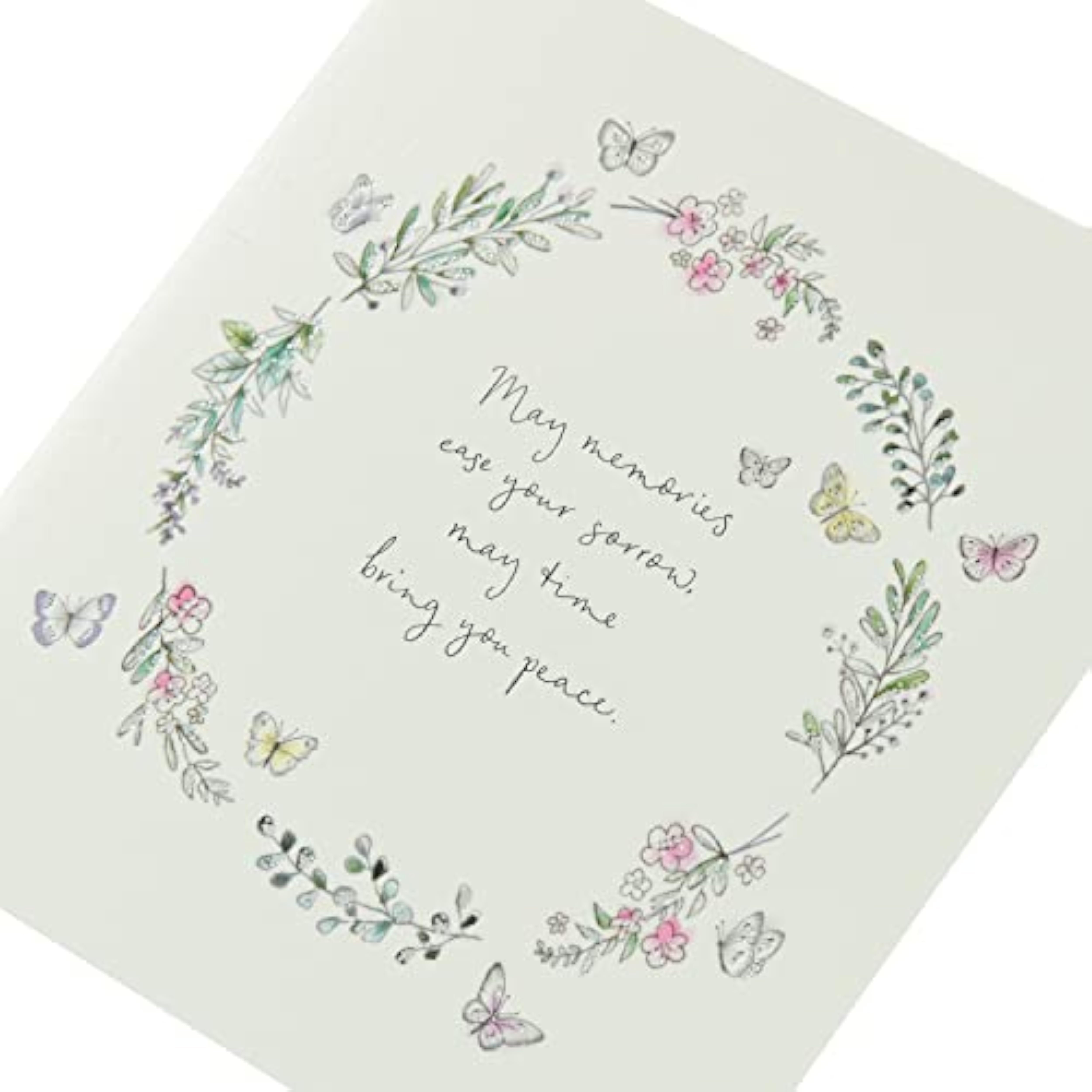 Floral butterfly sympathy greeting card with delicate flower and butterfly illustrations, designed for heartfelt condolences.