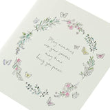 Floral butterfly sympathy greeting card with delicate flower and butterfly illustrations, designed for heartfelt condolences.