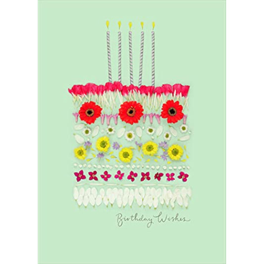 Floral cake design birthday wishes greeting card featuring meadow flowers, by UK Greetings, with colorful floral illustrations.