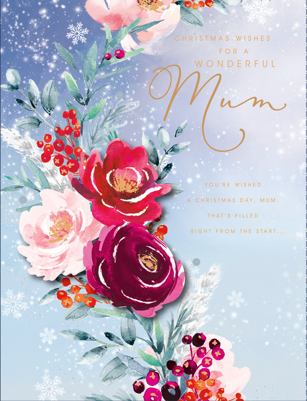 Elegant floral Christmas greeting card for a wonderful mum by UK Greetings, featuring festive floral designs and heartfelt message.