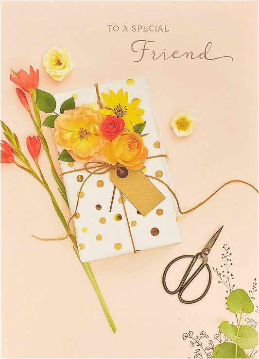 Floral design special friend birthday greeting card featuring colorful flowers and heartfelt message from UK Greetings.