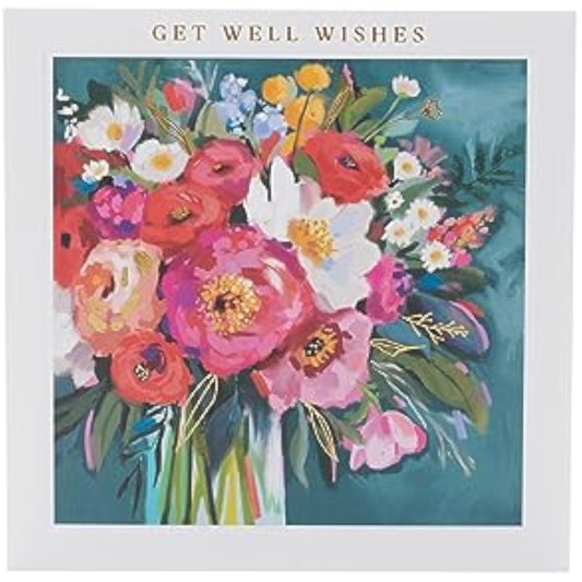 Floral painted get well soon greeting card by UK Greetings featuring colorful flowers and heartfelt message.
