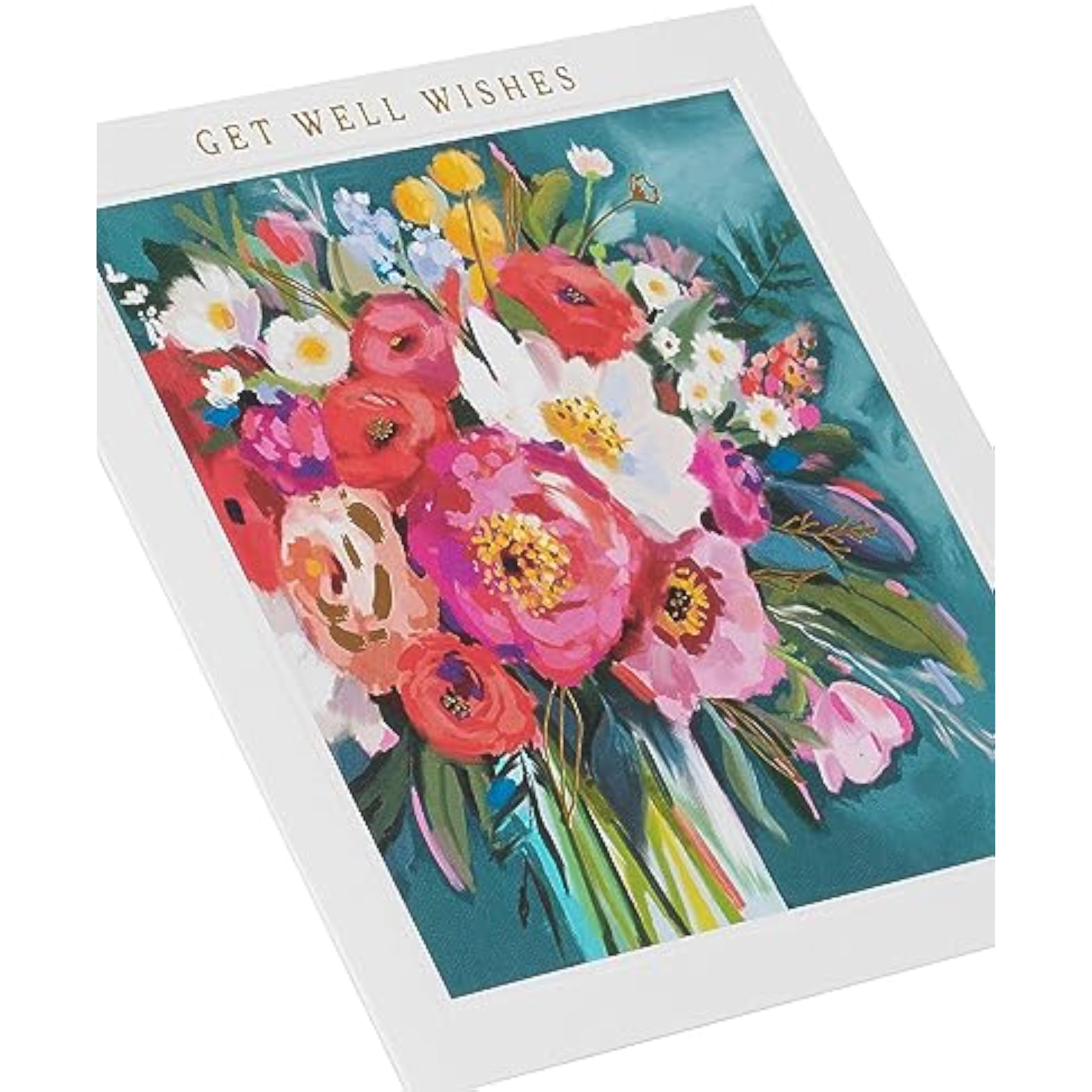 Floral painted Get Well Soon greeting card by Alex Gunn featuring colorful floral design, UK Greetings brand.