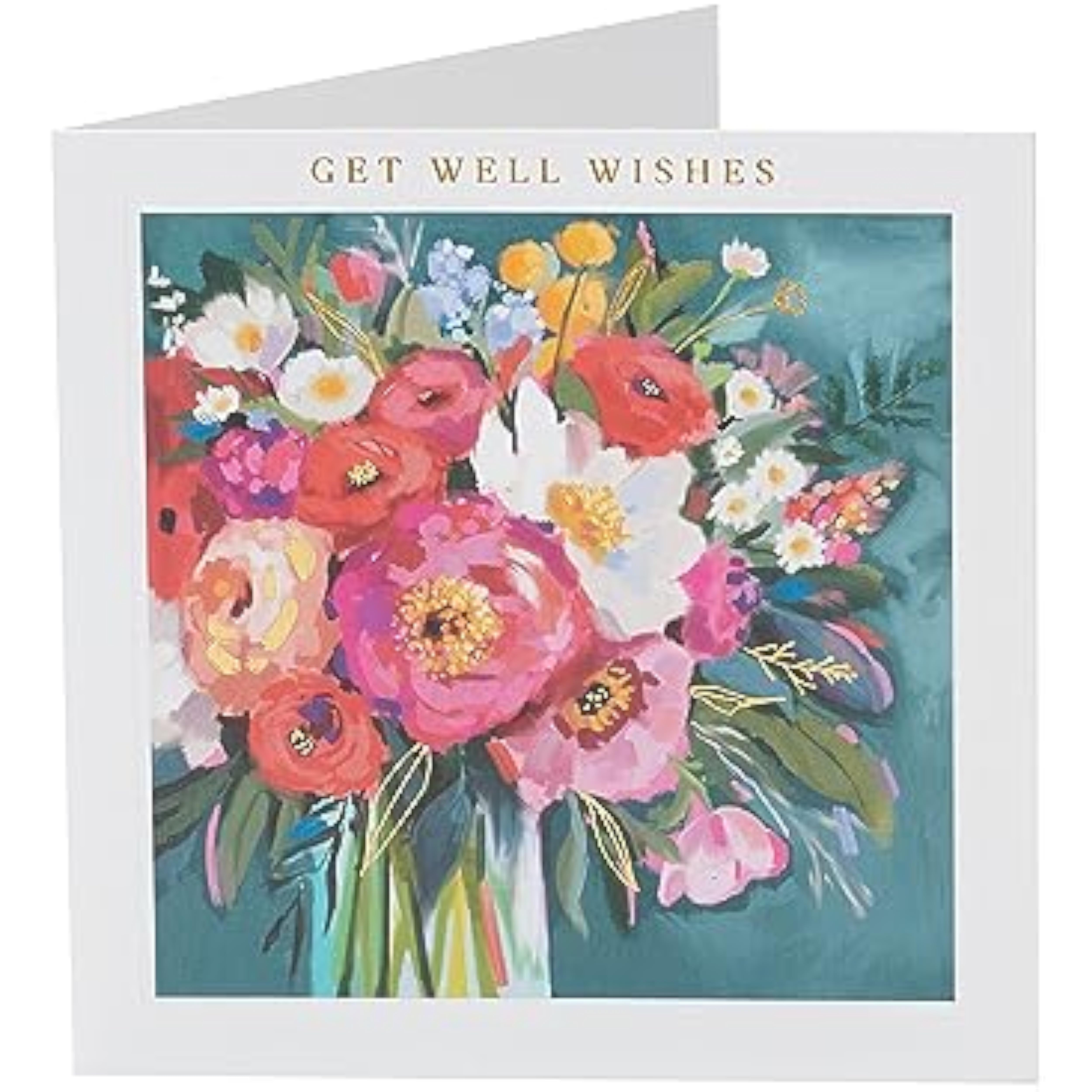 Floral painted Get Well Soon greeting card by Alex Gunn, UK Greetings, featuring vibrant flower illustrations.