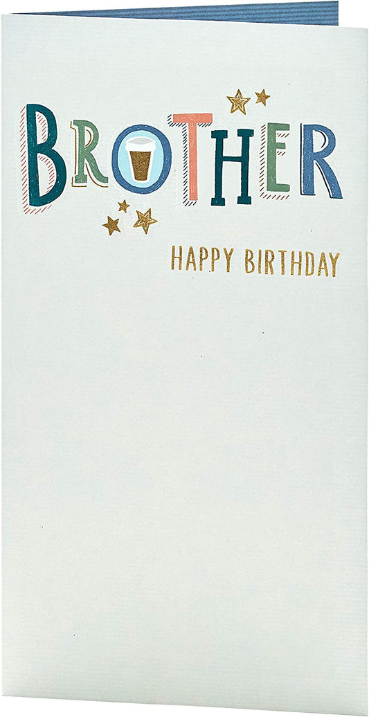 Foil beer pint brother birthday greeting card with festive design, from UK Greetings, featuring celebratory graphics and text.