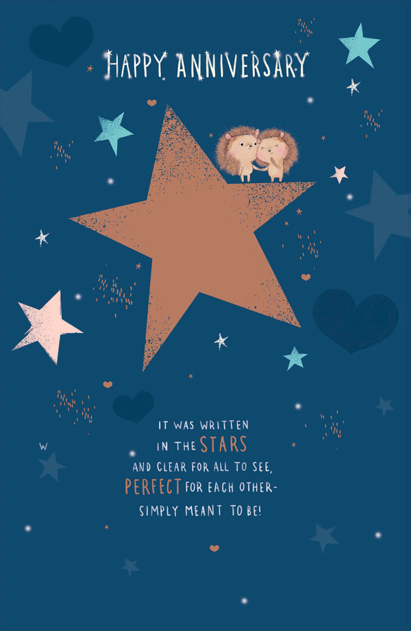 Foil Hedgehogs and Stars Anniversary Greeting Card by UK Greetings featuring shiny foil accents and whimsical design.