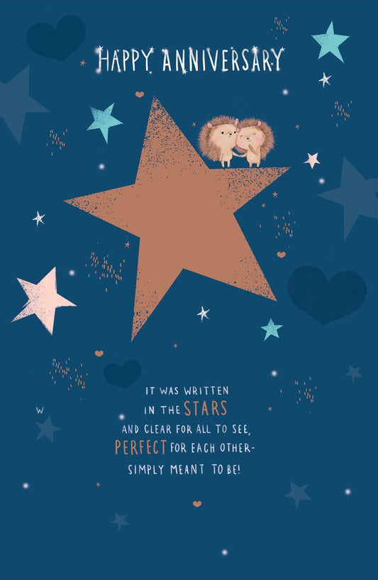 Foil Hedgehogs and Stars Anniversary Greeting Card by UK Greetings featuring shiny foil accents and whimsical design.
