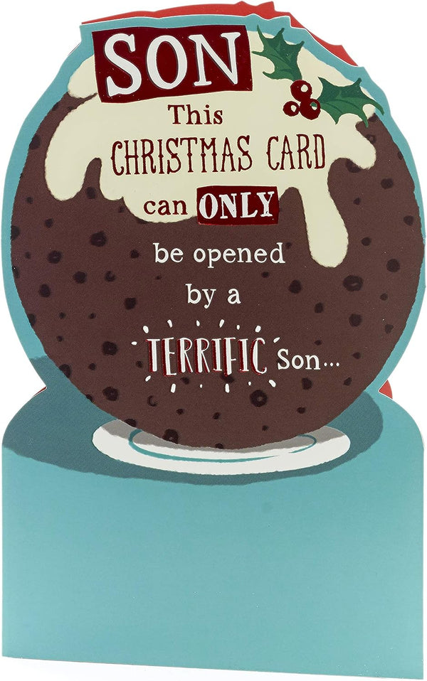 Christmas pudding laughter greeting card from UK Greetings featuring festive holiday design and cheerful message for a son