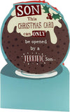 Christmas pudding laughter greeting card from UK Greetings featuring festive holiday design and cheerful message for a son