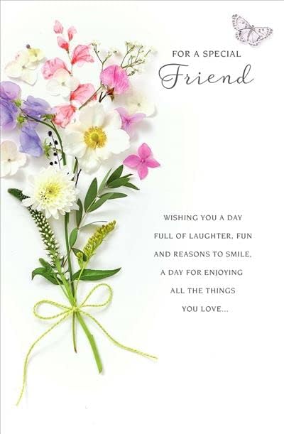 UK Greetings birthday greeting card for a special friend featuring colorful, cheerful designs and heartfelt message inside.