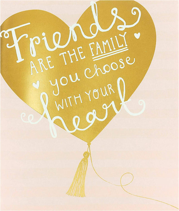 Pink and gold "Friends Are Family" birthday greeting card from UK Greetings, featuring floral accents and elegant design.