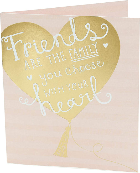 Pink gold Friends Are Family birthday greeting card by UK Greetings featuring heartfelt message and decorative design.