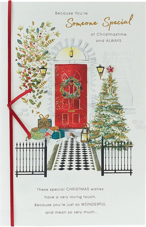 Front door scene Christmas greeting card from UK Greetings featuring festive holiday decorations for someone special.