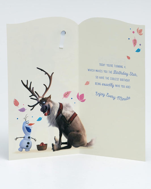 Frozen Elsa 4th birthday greeting card featuring Elsa from Disney's Frozen with colorful birthday-themed design.